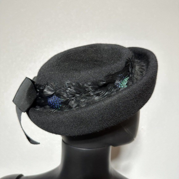 Vintage Glenover Pillbox Hat Black Wool Felt Bow Feathers Church Henry Pullak - Picture 2 of 13
